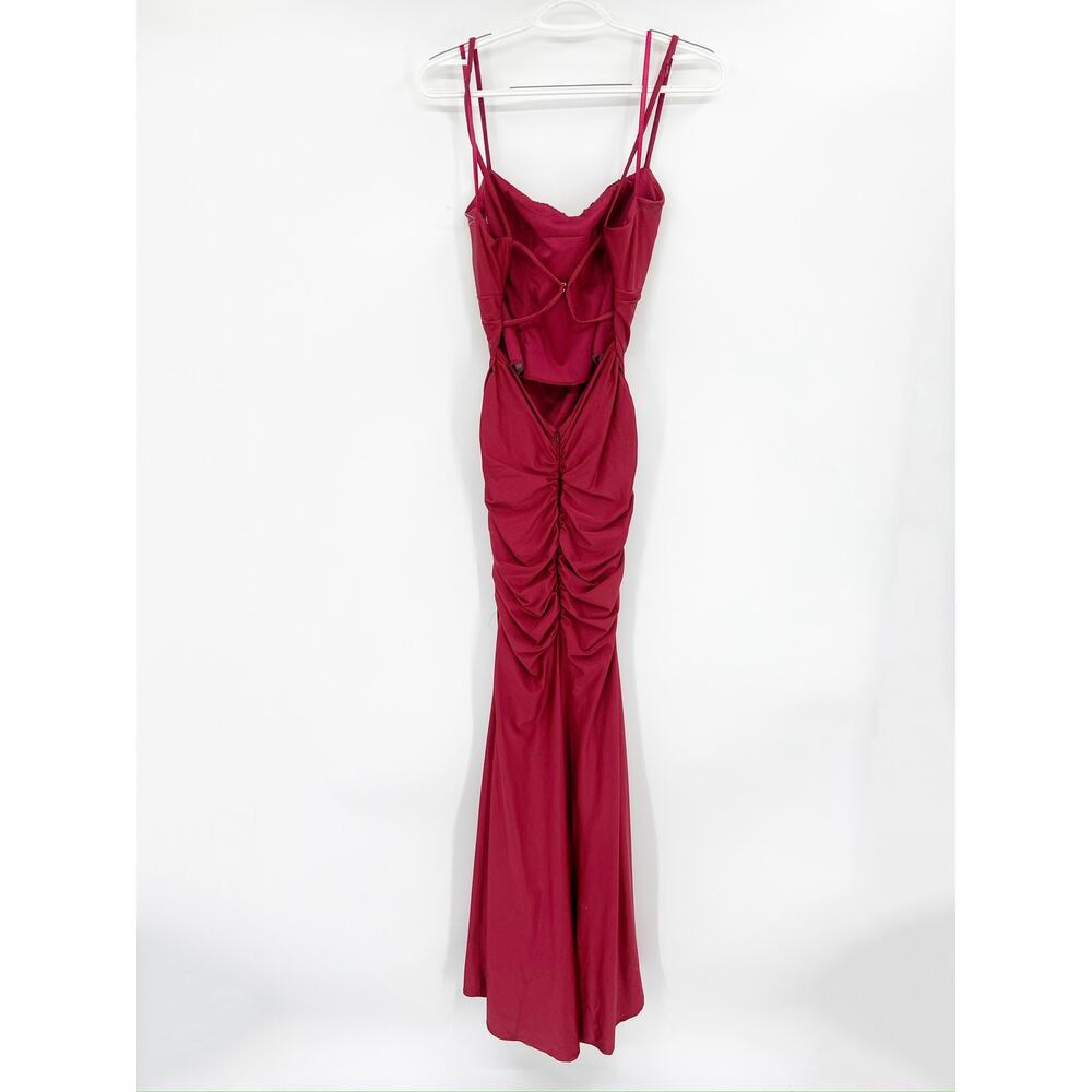 La Femme 29873 Burgundy Red Shiny Jersey Ruched Trumpet Formal Gown Size 8 - Picture 5 of 7